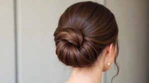 a woman with a messy bun in her hair photo
